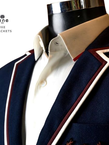 A close-up of a luxe jacket on display in our atelier. Every piece showcases our commitment to quality and modern design.