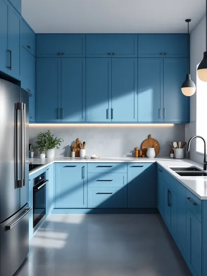 This render features a classic shaker-style cabinet in a contemporary blue. It demonstrates the versatility of blue, working just as well in a more traditional design as it does in a minimalist one.
