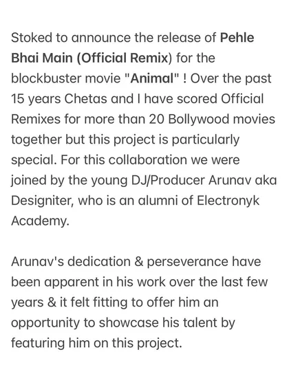 This is what I mean by real opportunities. I was incredibly proud to bring Electronyk Academy alumnus Arunav, also known as Designiter, onto this official remix of 'Pehle Bhi Main' for the blockbuster movie 'Animal'. His work was released on T-Series, a testament to the career possibilities our mentorship can unlock.