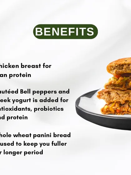 The benefits of my Grilled Chicken Fajita Sandwich are clear. It has lean protein from chicken breast, antioxidants from bell peppers, probiotics from Greek yogurt, and fiber from the whole wheat panini bread.