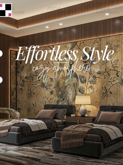 Effortless style and a cozy atmosphere define this bedroom. The centerpiece is a beautiful, artistic mural behind the twin beds, creating a warm and inviting space that feels both stylish and comfortable.