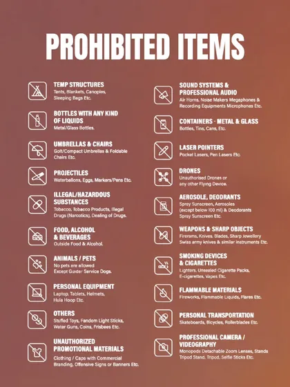 A detailed list of 'Prohibited Items'. Our visual branding extends to every detail, including safety and informational graphics that are clear, concise, and professionally designed.