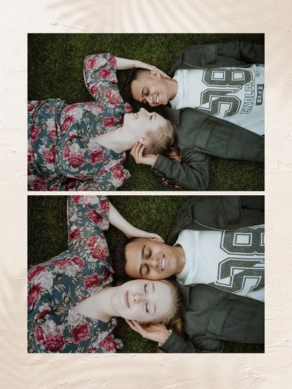 A peaceful moment of togetherness, with the couple lying on the grass, lost in their own world.