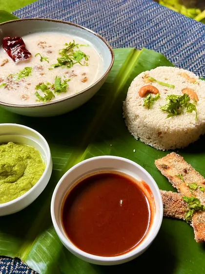 Savor the essence of Shravan with our delicious Jeera Kaju Varai Pulao served with Dahi Kadhi, a perfect blend of tradition and taste.