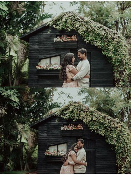 A collage of the couple in front of a rustic black cabin, capturing their loving embrace.