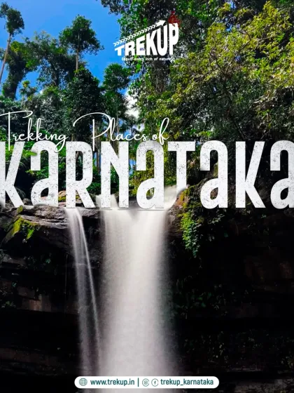 A poster showcasing the best trekking places of Karnataka, with a stunning waterfall in the background.