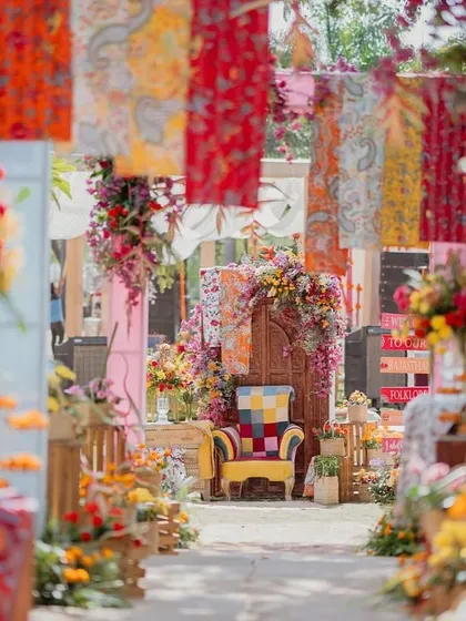 A view through the floral archway to the 'Rajasthani Folklore' photo-op. This shot shows how we create layers and depth in our designs.