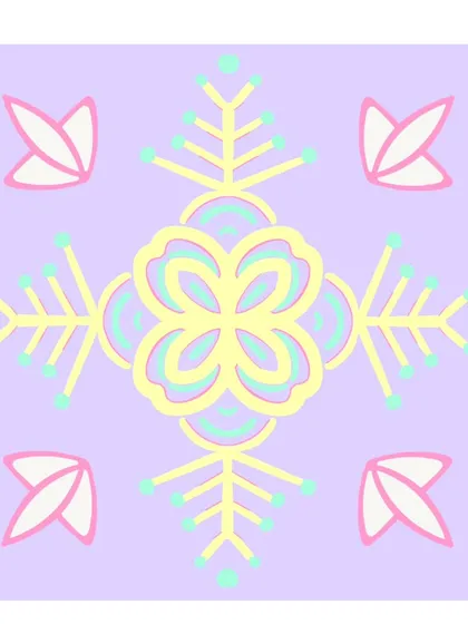 A snowflake-like design from my 'Mystique Minis' collection. The symmetrical patterns and soft pastel colors are intended to help quiet the mind, offering a simple, beautiful focal point for relaxation.