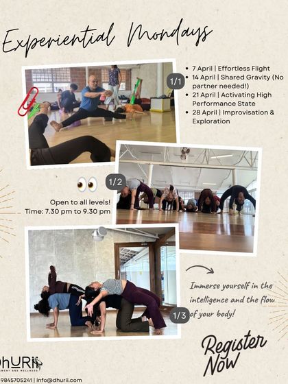 Our Experiential Mondays are a gateway to embodied exploration. This schedule highlights diverse themes like Effortless Flight and Shared Gravity, inviting you to immerse yourself in the intelligence and flow of your body, no matter your experience level.