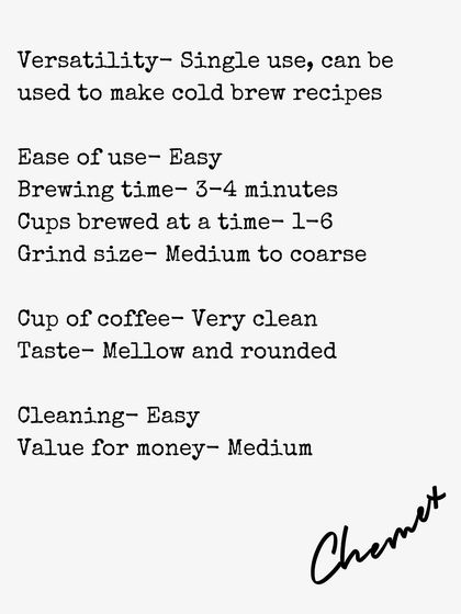 An infographic detailing the Chemex brewing method. It's known for producing a very clean, mellow, and rounded cup of coffee.
