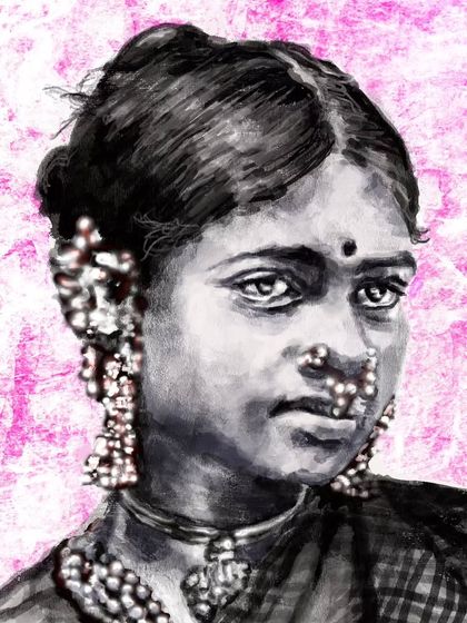 A close-up of the "Vintage Woman" digital portrait. Zoom in to see the details in the jewelry and the expressive eyes, all created with digital brushes.