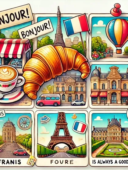 Bonjour. A collage of our favorite things about France: fresh croissants, charming cafes, and the timeless beauty of the Eiffel Tower.
