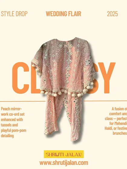 A style card for my classy peach mirror-work co-ord set, perfect for a Mehendi or Haldi brunch.