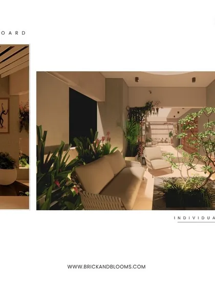 Part of a moodboard for a villa terrace, this render focuses on creating a serene indoor-outdoor connection. The design features a central tree planter, comfortable lounge seating, and subtle wall art, all working together to create a peaceful atmosphere.