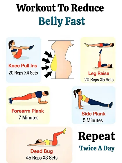 A workout guide to reduce belly fast, featuring exercises like Knee Pull-Ins, Leg Raises, and Planks with specified reps and sets.
