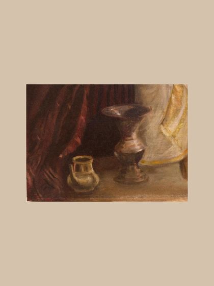 A detail from 'Mahananda', showing the glinting brass kindi and draped textiles. Our conservation work ensures that even the smallest elements, rich in South Indian domestic culture, are preserved with clarity.