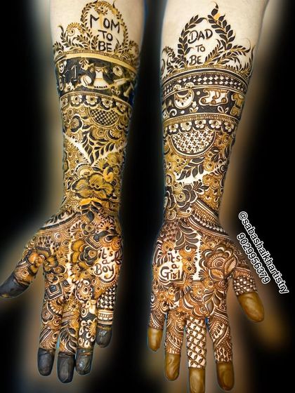 A detailed 'Mom to be' and 'Dad to be' baby shower mehendi. This design is packed with fun elements like 'It's a Boy' and 'It's a Girl' to celebrate the surprise.