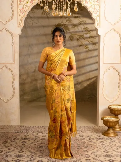 A full-length shot of a model in a yellow printed silk saree. The elegant pose and grand setting highlight the grace and beauty of the traditional garment.