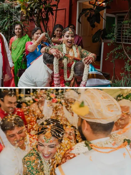 The joyous chaos of the Akshatala ritual. Ashwini and Deepak are showered with rice and blessings, a moment of pure celebration and happiness.