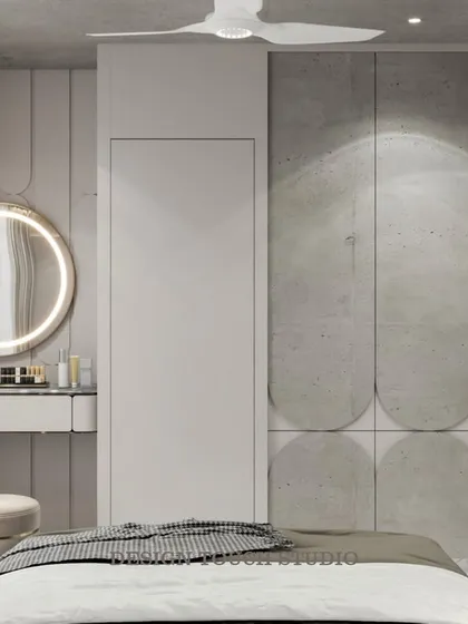 This render focuses on the chic vanity corner, with its backlit circular mirror and minimalist design.