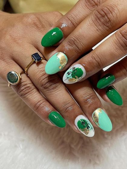 A collection of student work. The first is a green and gold leaf design from a student from Chhattisgarh. It shows the high level of artistry my students achieve.