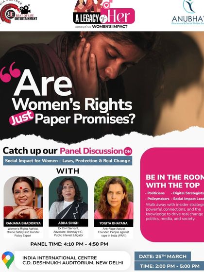 A poster for a panel discussion where I spoke on whether women's rights are just paper promises. My work is dedicated to ensuring these rights translate into real, tangible change on the ground.