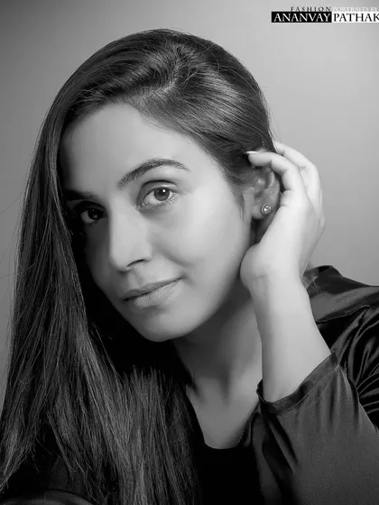 A professional black and white portrait of a female model. Beyond e-commerce, I create striking headshots and portfolio images that help models get noticed.