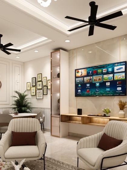 A modern living and dining space where elegance meets functionality. The design features a classic white-paneled wall, a sleek TV unit, and a distinct dining area, all tied together with contemporary furniture and lighting.