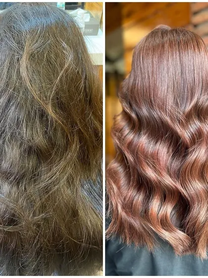 A picture is worth a thousand words, and this before and after says it all. We took dull, tired hair and revived it with a rich, glossy global hair colour and a healthy trim. The result is vibrant, shiny hair that looks and feels incredible.