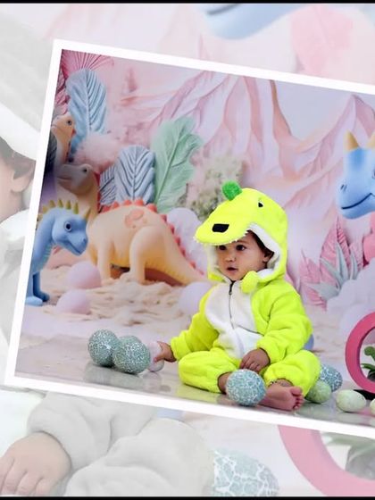 A creative photo edit from the dinosaur-themed session, blending a color photo with a monochrome background for an artistic effect.