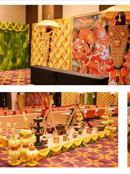 More details from the Kochi wedding, including a wall of banana leaves, traditional artwork, and intricate floral decorations made from marigolds and jasmine, all curated to create an authentic South Indian atmosphere.