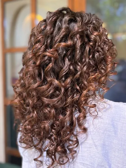 A collection of my other no-bleach balayage and color work, showcasing a variety of tones from subtle browns to vibrant reds on different curl types.