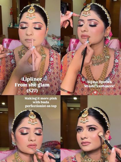 A step-by-step collage of the lip combo creation. From liner to lipstick to a top layer for adjusting the shade, this shows the layering process I teach for creating custom colors.