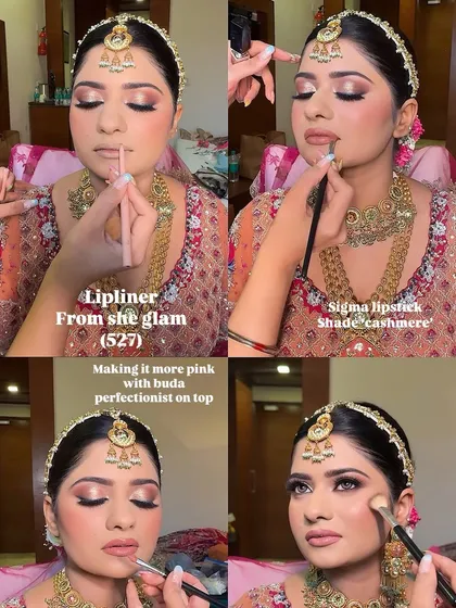 A step-by-step collage of the lip combo creation. From liner to lipstick to a top layer for adjusting the shade, this shows the layering process I teach for creating custom colors.
