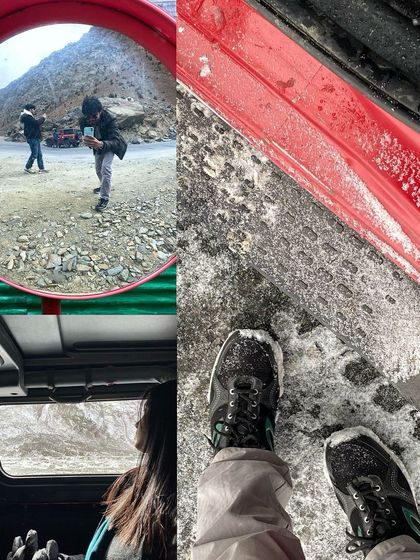 A collage of a snowy road trip, with views from inside a car and boots covered in snow.