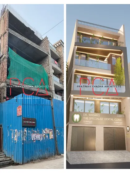 A before and after comparison for the Mukherjee Nagar luxury residence. This image shows the transformation from a raw structure to the final 3D visualization, illustrating my ability to completely reimagine a building's exterior.