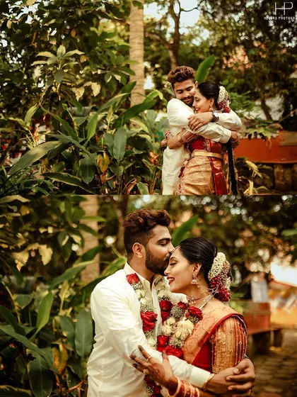 Two intimate, candid moments from a Mantra Mangalya wedding. These photos capture the warm embraces and gentle interactions between the couple, showcasing the deep emotional connection at the heart of the ceremony.