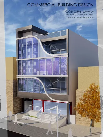 This is a facade design for a commercial building on a tight urban plot. The design uses curved glass elements to create a sense of flow and dynamism, maximizing visibility for the retail spaces within.