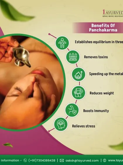 Panchakarma is not a simple massage; it is a comprehensive detoxification process. This graphic illustrates the key benefits, including removing deep-seated toxins (ama), rebalancing the three doshas, boosting metabolism (agni), and relieving stress for holistic rejuvenation.