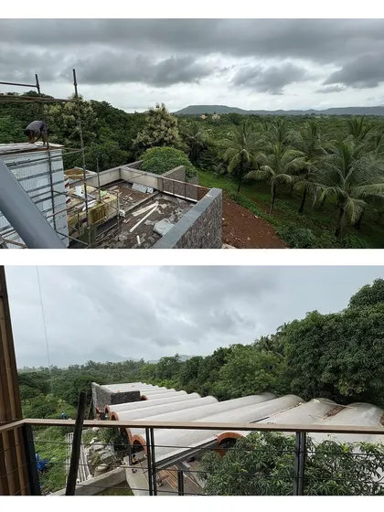 Progress shots from the Karjat residence, capturing views over the lush, green landscape. The design orients every space towards the natural beauty of the site, with open terraces and large windows.