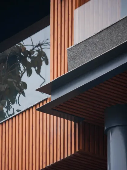 A sneak peek of our latest facade design, focusing on the clean lines and material junctions. This detail shot highlights the contrast between wood-finish panels and textured surfaces.