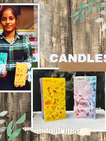 A student with her unique, textured chunk candles. We explore many different candle making styles, from simple jars to these artistic creations.