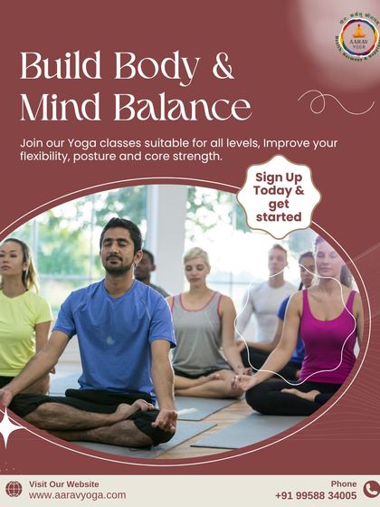 This graphic shows a diverse group meditating together, highlighting our classes that are suitable for all levels to help you build body and mind balance.