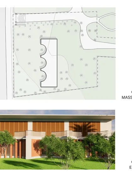 An alternative design for Illuri Farms where the building footprint crescents around the trees. This iteration explores how to create a commercial space that respects and responds to the existing natural elements on site.