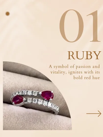 This ruby ring, a symbol of passion and vitality, ignites with its bold red hue. It is a piece for the woman who is not afraid to make a statement.