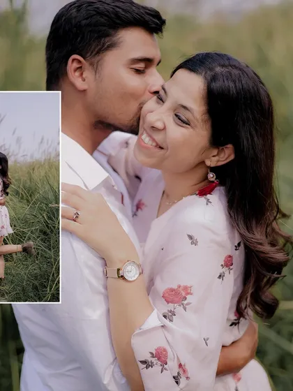 A close-up capturing a genuine smile as the groom gives the bride a kiss on the cheek. These are the happy, candid moments that make a pre-wedding shoot so special.