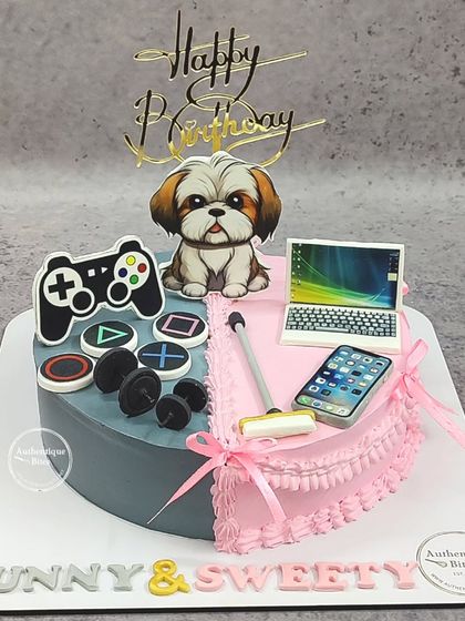 A half-and-half cake for a brother and sister. One side is dedicated to gaming and fitness, while the other is a pink vintage design, with a cute dog sitting in the middle.
