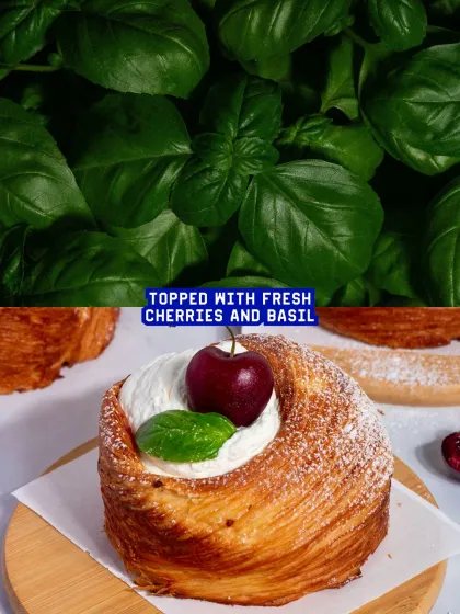 The trifle is topped with fresh cherries and basil, adding a touch of freshness and visual appeal.