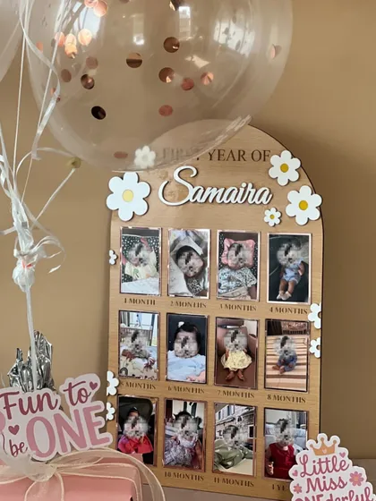 Here is the milestone photo board as part of a larger first birthday hamper. I added some festive balloons and 'Fun to be One' tags to complete the celebratory look.