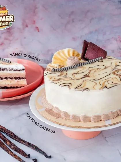 Our Vancho Gateaux is a beautiful swirl of vanilla and chocolate. It's the perfect choice when you can't decide between the two classic flavors.